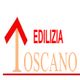 Logo con freccia rossa verso l'alto e testo "Edilizia Toscano" in rosso e beige.