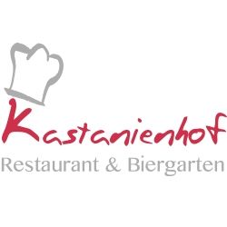 Logo von "Kastanienhof" mit Kochmütze, darunter "Restaurant & Biergarten" in Grau.