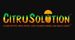 "CitruSolution logo with orange slice, tagline: Cleans better, dries faster, stays cleaner longer."
