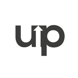 "Up logo with an arrow formed by the letters, symbolizing upward movement or progress."