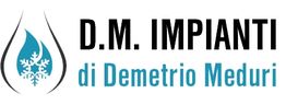 Logo "D.M. Impianti di Demetrio Meduri" con goccia d'acqua e fiocco di neve al centro.