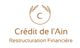 Logo de Crédit de l'Ain avec épis de blé et texte "Restructuration Financière".
