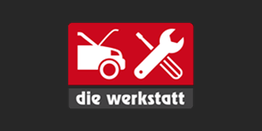 Logo mit rotem Auto und Werkzeug auf rotem Hintergrund, Text "die werkstatt" unten.