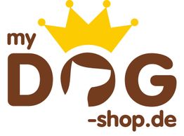 Logo von "mydog-shop.de" mit braunem Text und gelber Krone über dem "O".