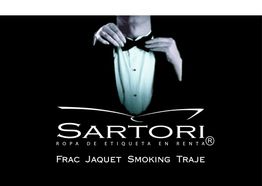 Hombre ajustando un moño, con texto "Sartori, ropa de etiqueta en renta: Frac, Jaquet, Smoking, Traje".