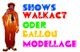 Clown in Orangekostüm, Schrift: "Shows, Walkact oder Ballonmodellage" in bunten Buchstaben.