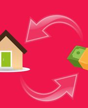 Casa y dinero intercambiados, simbolizados por flechas en círculo rojo.