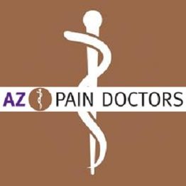 AZ Pain Doctors logo with a white medical symbol on a brown background.