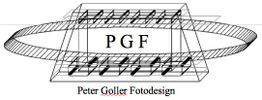 Logo mit transparentem geometrischem Design und den Buchstaben "PGF". Text: Peter Goller Fotodesign.