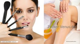 Frau mit Make-up-Pinseln und Bein mit Zuckerpaste zur Haarentfernung.