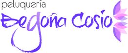 Logotipo de peluquería "Begoña Cosio" con letras moradas y diseño de pétalos rosas y lilas.