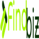 Logo with text "Findbizz" in green letters next to a stylized abstract shape.