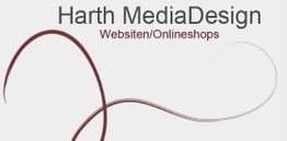 Textlogo: "Harth MediaDesign" mit dem Fokus auf Websites und Onlineshops, geschwungene Linie.
