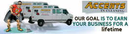 Cartoon cleaner with vans and text: "Accents in Cleaning - Our goal is to earn your business for a lifetime."