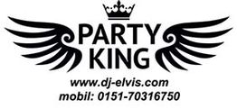 Schwarzes Logo mit Flügeln und Krone, Text: "Party King". Website und Telefonnummer darunter.