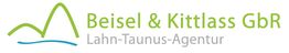 Logo: "Beisel & Kittlass GbR Lahn-Taunus-Agentur" mit grünem Berg und blauer Welle.