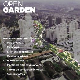 Visão aérea de projeto "Open Garden" com alameda, playground, espaço pet e áreas fitness.