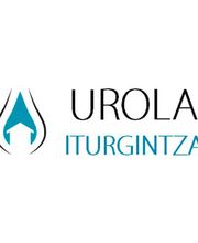 Logotipo de Urola Iturgintza con una gota de agua y un triángulo azul. Texto en negro y azul.
