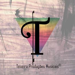 Logo com letra "T" sobre triângulo colorido e fundo texturizado. Texto: "Teixeira Produções Musicais".