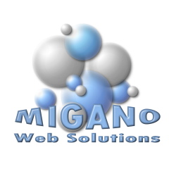 Logo mit grauen und blauen Kugeln, Text: "mIGANo Web Solutions".