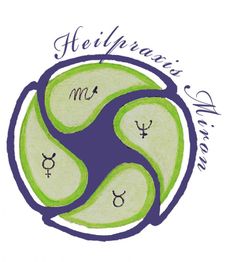 Grünes und violettes Symbol der Heilpraxis Miron mit astrologischen Zeichen.