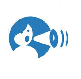 Blaues Symbol: Person spricht in ein Megafon, Schallwellen werden ausgesendet.