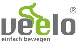 Logo mit dem Schriftzug "veelo" in grau und grün, darunter "einfach bewegen".