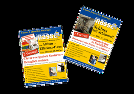 Zwei bunte Flyer für Vorträge über Altbau-Effizienz und Schimmel im Gebäude, mit Bildern und Text.