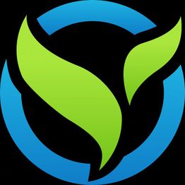 Grünes Blatt-Logo mit blauem Kreis auf schwarzem Hintergrund.