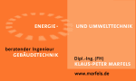 Orange Visitenkarte mit Text zu Energie-, Umwelt- und Gebäudetechnik von Klaus-Peter Marfels.
