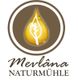 Logo der Mevlâna Naturmühle: Gelber Tropfen mit Blattmotiv, brauner Schrift auf weißem Hintergrund.