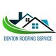 Logo of Denton Roofing Service with stylized house and green swoosh.