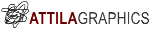 Logo mit chaotischem Symbol links und dem Text "ATTILAGRAPHICS" in Schwarz und Rot.