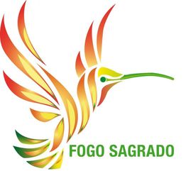 Abstrakter Kolibri in Rot- und Gelbtönen. Text: "FOGO SAGRADO".