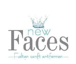"Logo mit Text 'new Faces' und 'Falten sanft entfernen', darüber Wasserspritzer-Krone."
