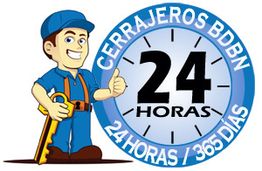 Cerrajero con llave y reloj, servicio 24/7. Texto: "Cerrajeros BDBN, 24 horas / 365 días".