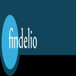 Blue circle with "findelio" text on a dark blue and black background.