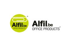 Logotipos de Alfil.be Office Products, uno en un círculo verde y otro en texto negro.