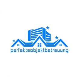 Gebäudelogo mit Sternen und Text "perfekteobjektbetreuung" in Blau.