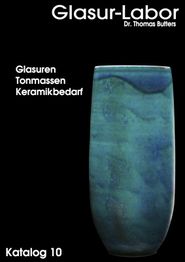 Vase in Blaugrün mit Katalogtext: Glasuren, Tonmassen, Keramikbedarf, Katalog 10.