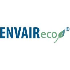 Logo mit blauem "ENVAIR" und grünem "eco", Blattform als Buchstabe "o".