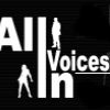 Schwarzer Hintergrund mit dem weißen Text "All In Voices", Silhouetten von Menschen integriert.