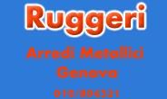 Testo promozionale con "Ruggeri Arredi Metallici Genova" su sfondo blu.
