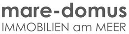 Logo mit Text: "mare-domus IMMOBILIEN am MEER" in grauer Schrift auf weißem Hintergrund.