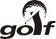 Golf-Logo mit Golfer-Silhouette, Schwung und angedeutetem Golfball in Schwarz-Weiß-Stil.
