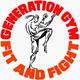 Logo van Generation Gym met vechtende figuur, tekst: "FIT AND FIGHT".