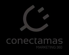 Logo de "conectamas" con símbolo de enchufe y texto "MARKETING 360" en fondo negro.