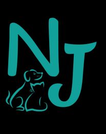 Letras "NJ" en azul con el dibujo de un perro pequeño sobre fondo negro.