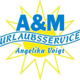 Logo mit blauem Text: "A&M Urlaubsservice Angelika Voigt" vor gelber Sonne.