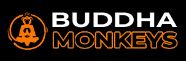 Texto: "BUDDHA MONKEYS" con logotipo de mono buda en fondo negro.